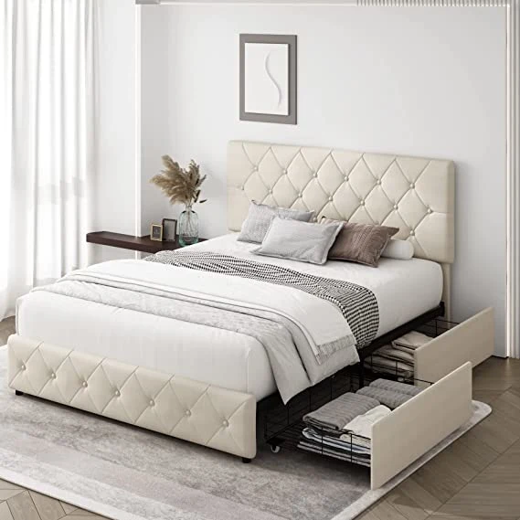 USA Upholstered Fabric Storage Bed Frame with Four Drawers